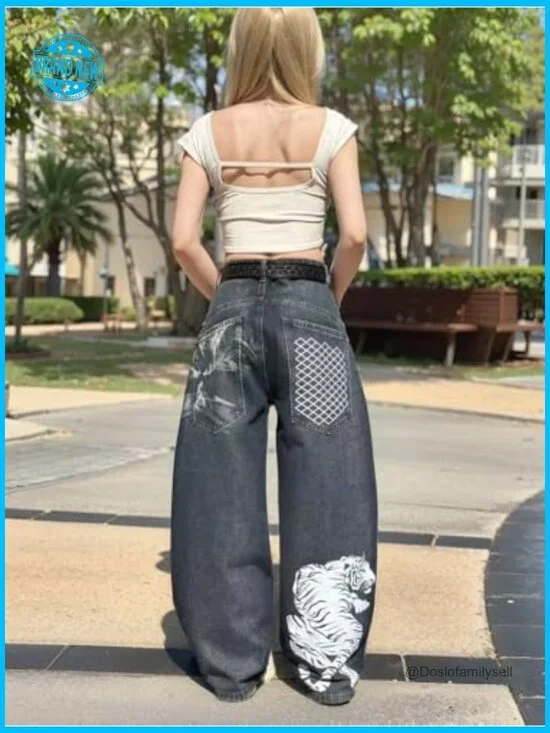 Unisex Y2K Graphic Print Baggy Jeans High Waist Wide Leg Streetwear Denim - Picture 2 of 7